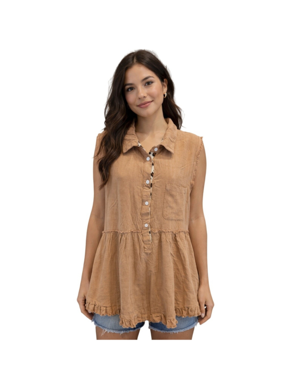 UMGEE sz L linen blend neutral leapord trim sleevless tunic top frill trim EUC